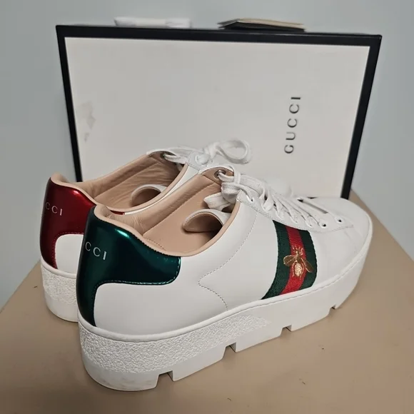 GUCCI ACE WEB BEE PLATFORM SNEAKERS WOMENS Size 40 (9/9½) 577573 - Picture 5 of 16